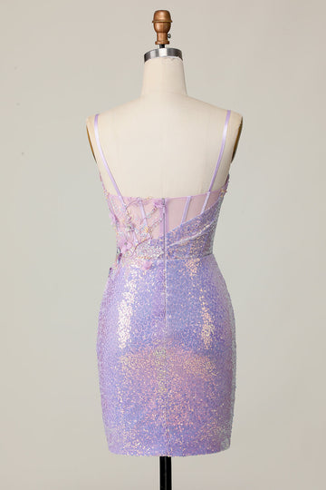 Sparkly Lilac Bodycon Sequins Short Corset Cocktail Dress with 3D Flowers